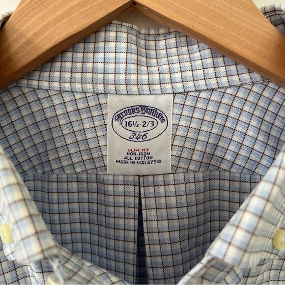 Brooks Brothers White Blue Small Check Slim Fit Cotton Long Sleeve Dress Shirt - Picture 7 of 8